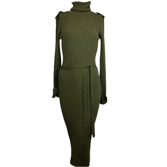Wolford Switzerland Ribbed turtleneck Epaulet Belt Green body con pencil Dress - Picture 1 of 5